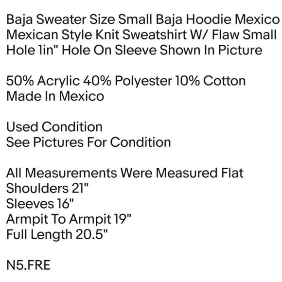 Baja Sweater Size Small Baja Hoodie Mexico Mexican Style Knit Sweatshirt W/ Flaw - Picture 2 of 7